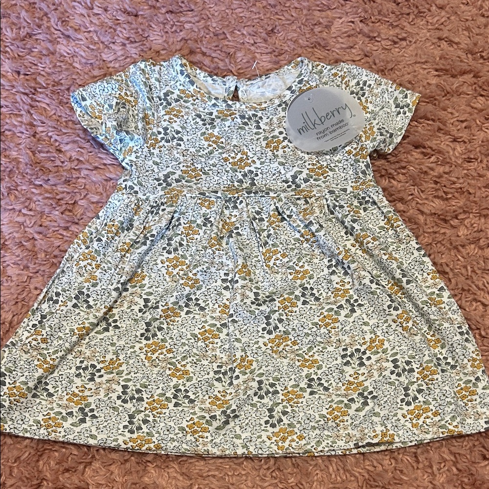 Milkberry Girls' Floral Print Short-Sleeve Dress in Mustard & Gray